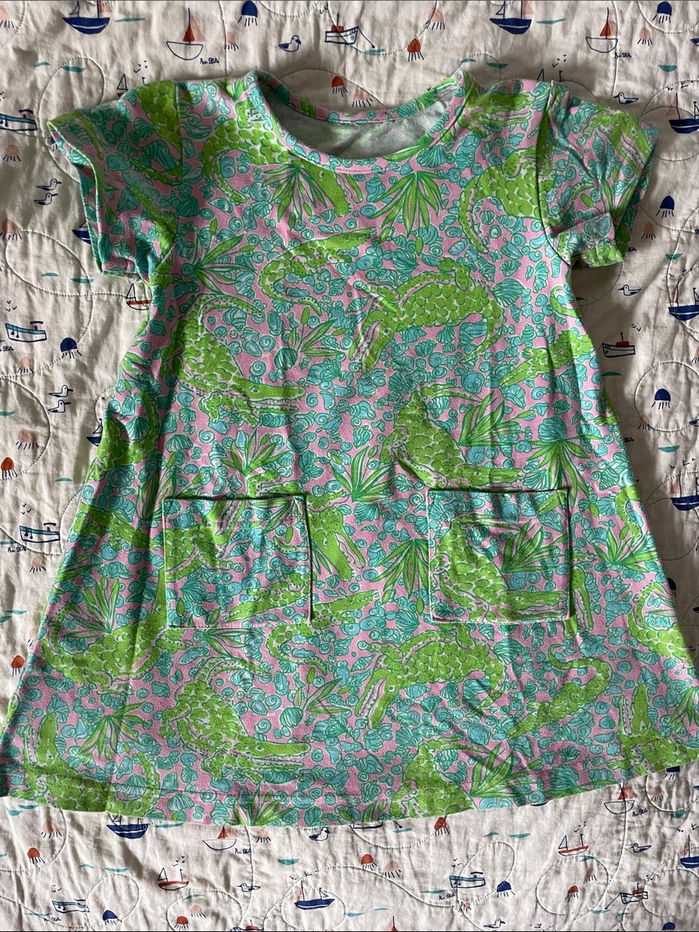 Kids Short Sleeve Pocket Dress - Green & Pink Print